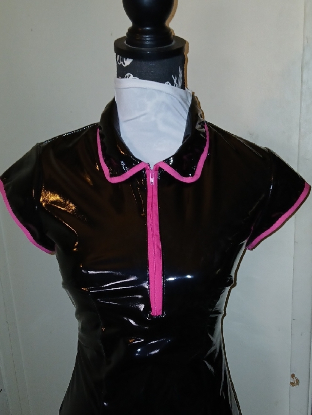 UWOWO Black Patent Vinyl Mini Dress with Hot Pink Trim. - Picture 3 of 9